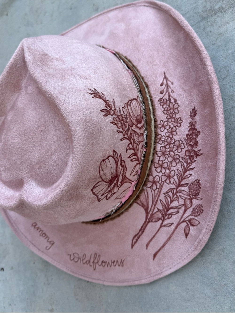 Floral burned blush pink corazon crown  wide brim rancher hat western cowboy hat